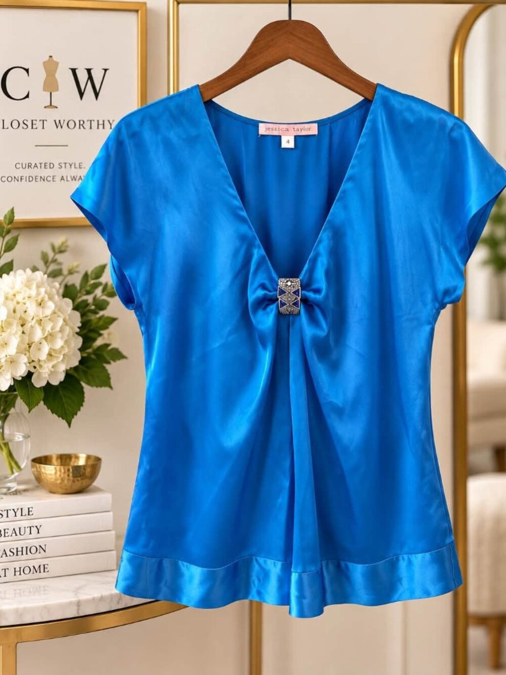 Rebecca Taylor NWT 93% Silk Cobalt Blue Jeweled V Neck Blouse Cap Sleeve Size 4